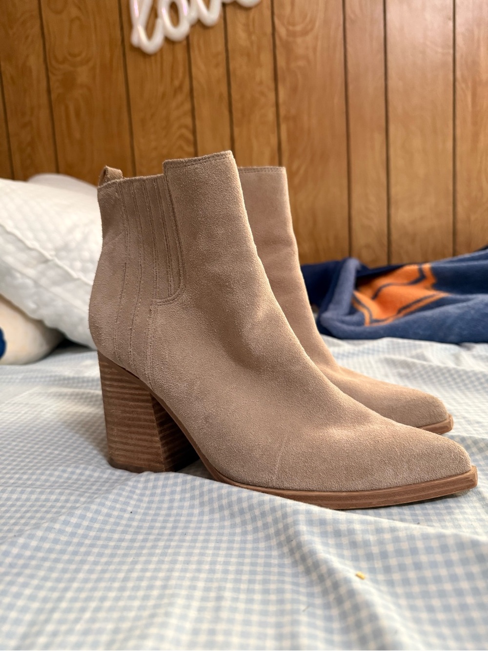 Marc Fisher Taupe Suede Ankle Booties with Stacked Heel